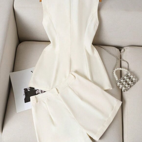 Apricot Elegant Women's Plain Color Blazer, Vest And Shorts Set - Picture 2 of 8